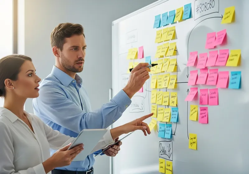 Phase 1 Analysis — Jump Online consultants mapping business processes of a Valais SME on a whiteboard with post-its in Sion, Valais