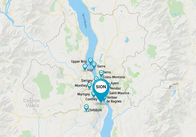 Carte du Valais avec les bureaux et zones d'intervention de Jump Online — Sion et région