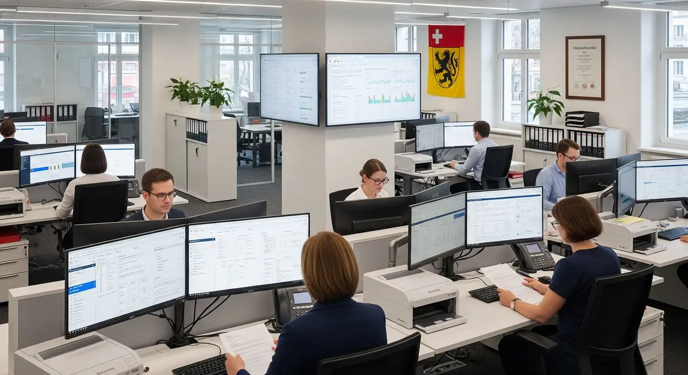 Employés d'administration utilisant un logiciel de workflow numérique en Valais — digitalisation communale par Jump Online Sion