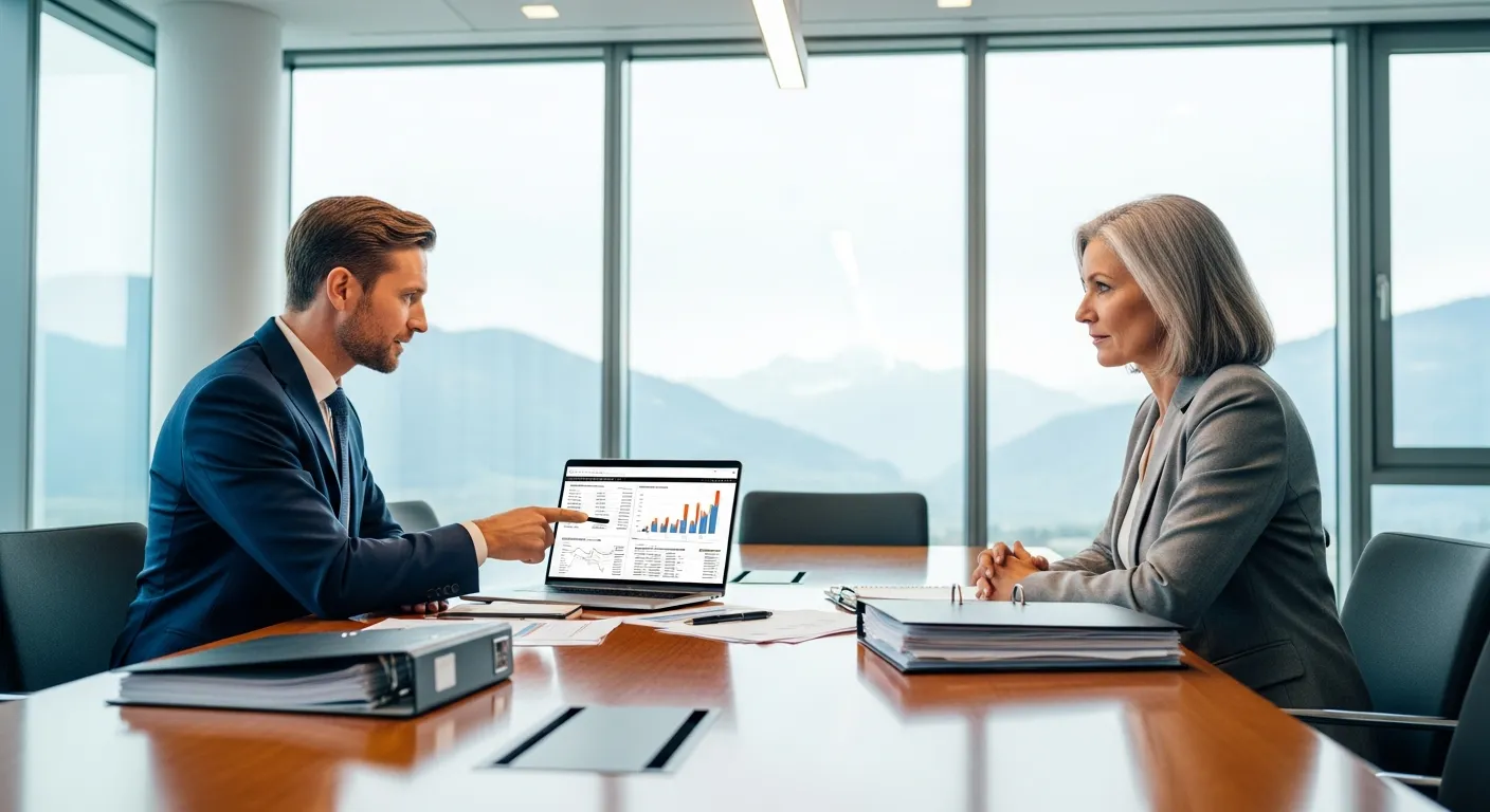 Consultant IT en réunion avec un dirigeant de PME dans un bureau moderne à Sion — audit informatique par Jump Online