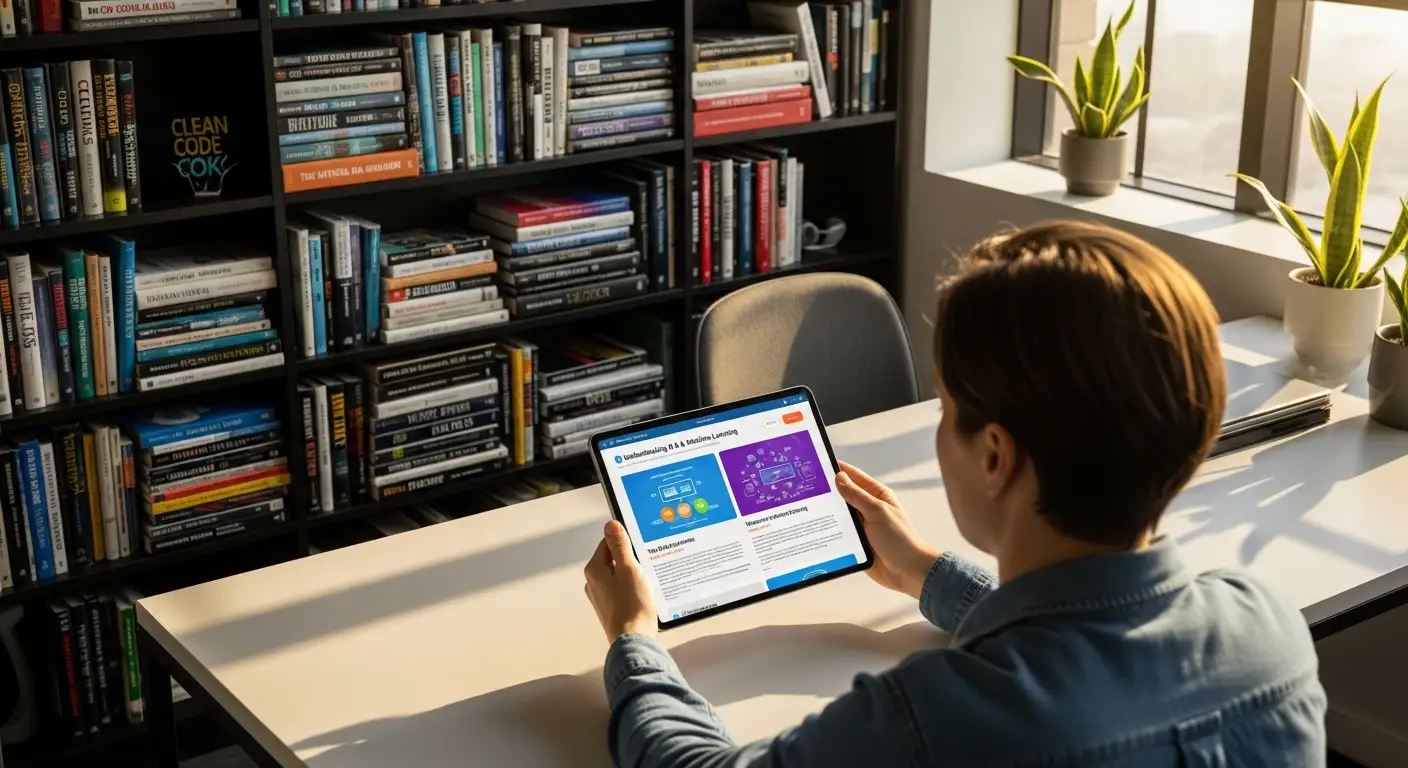 Personne consultant un guide numérique sur tablette — comprendre l'IT pour les PME en Valais avec Jump Online Sion