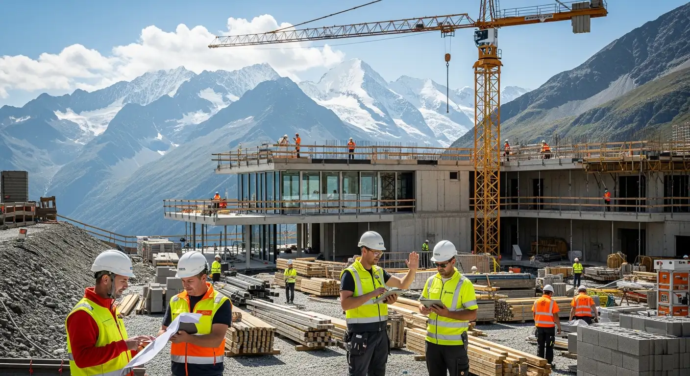 Construction site in Valais with workers using tablets and digital blueprints — construction IT by Jump Online Sion