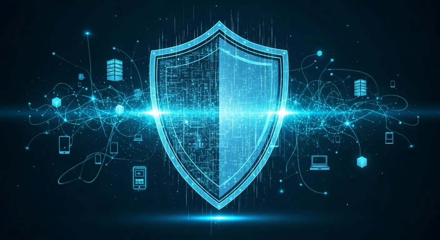 Bouclier de cybersécurité protégeant un réseau d'appareils connectés — protection numérique PME en Valais par Jump Online Sion