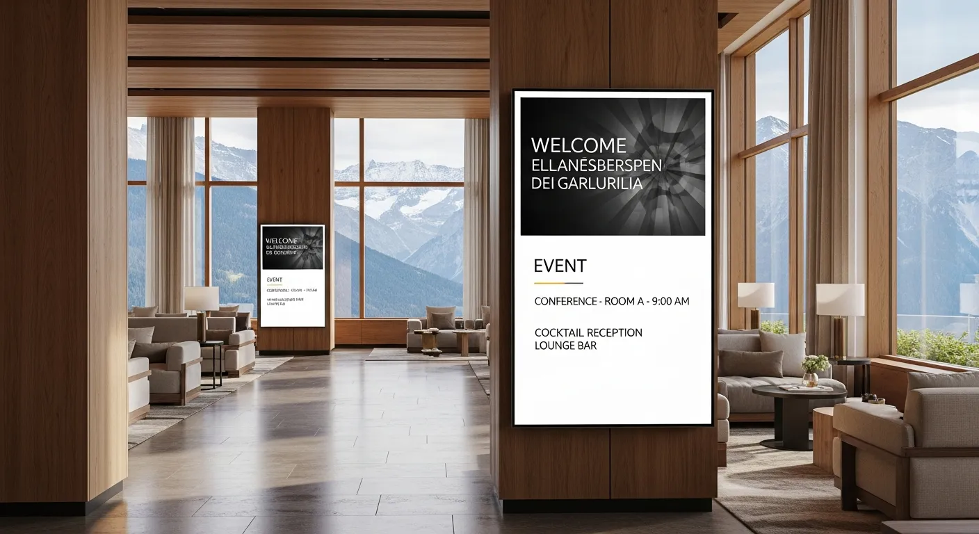 Dynamische Anzeigebildschirme in der Lobby eines Schweizer Hotels — Digital Signage im Wallis von Jump Online Sion
