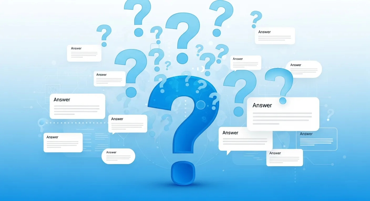 FAQ-Wissensdatenbank mit Frageblasen und Antwortkarten — IT-Hilfe für KMU im Wallis von Jump Online Sion