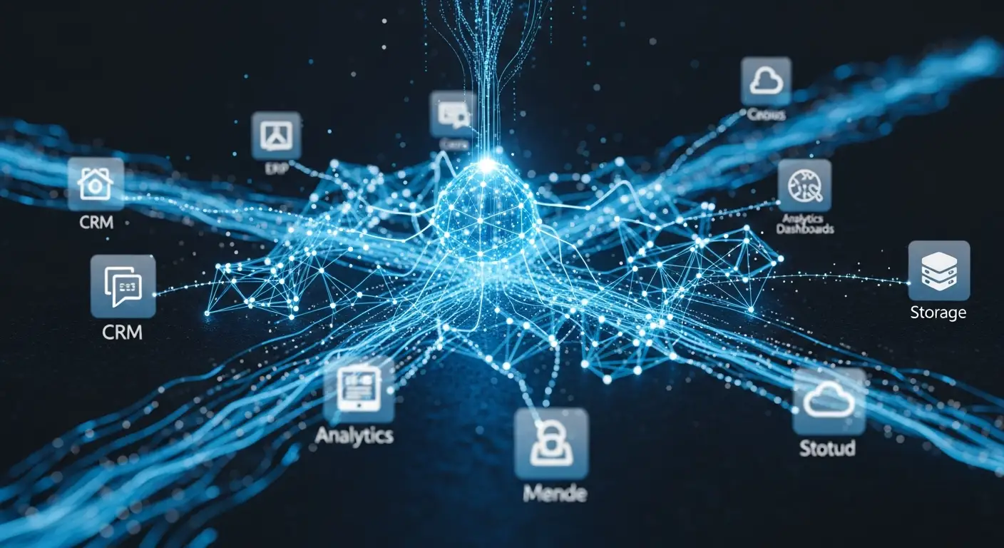 Neural network connected to business applications — AI integration for SMEs in Valais by Jump Online Sion