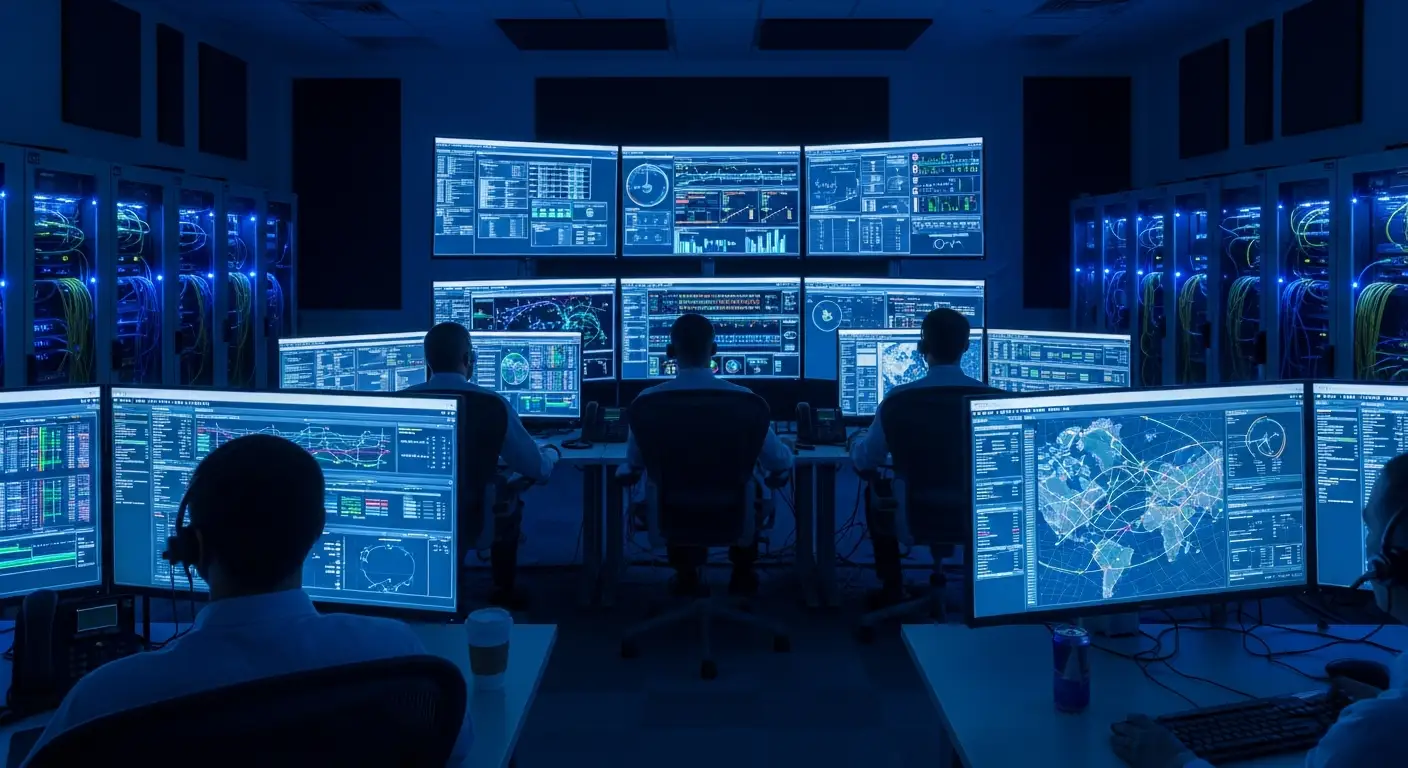 Centre de commande IT avec écrans de monitoring réseau — services IT pour PME en Valais par Jump Online Sion