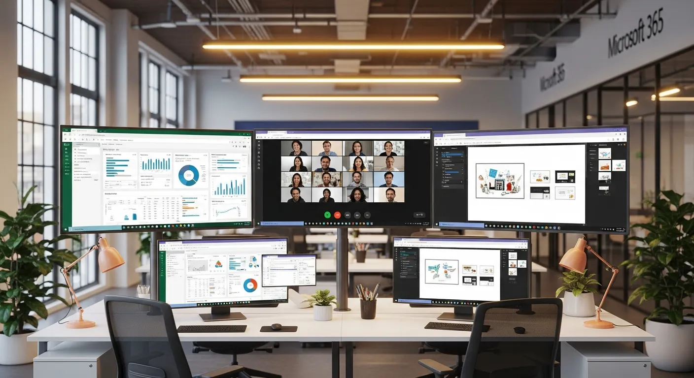 Microsoft 365 Produktivitätssuite auf mehreren Bildschirmen in einem modernen Büro im Wallis — Jump Online Sion