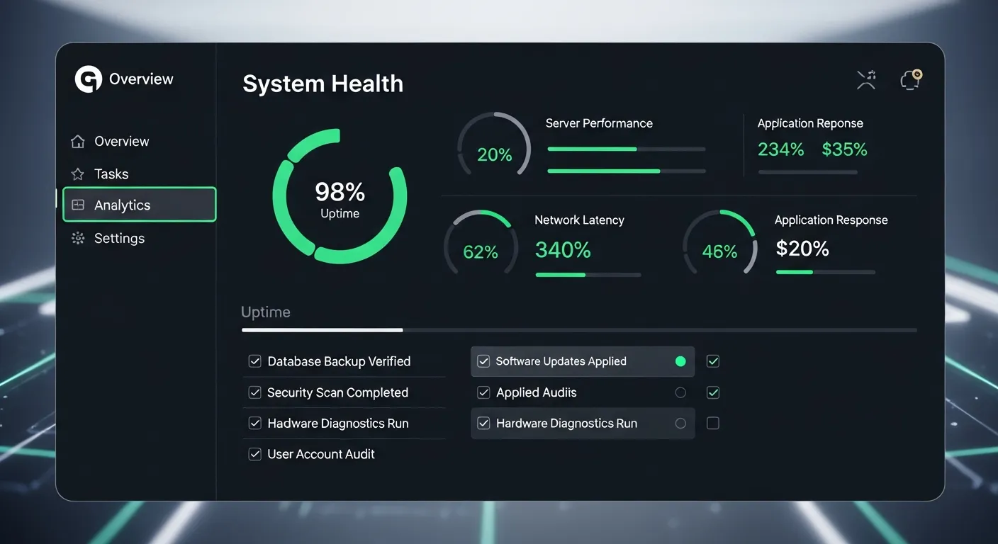 Checklist de maintenance IT sur dashboard moderne — gestion proactive des systèmes pour PME en Valais par Jump Online Sion