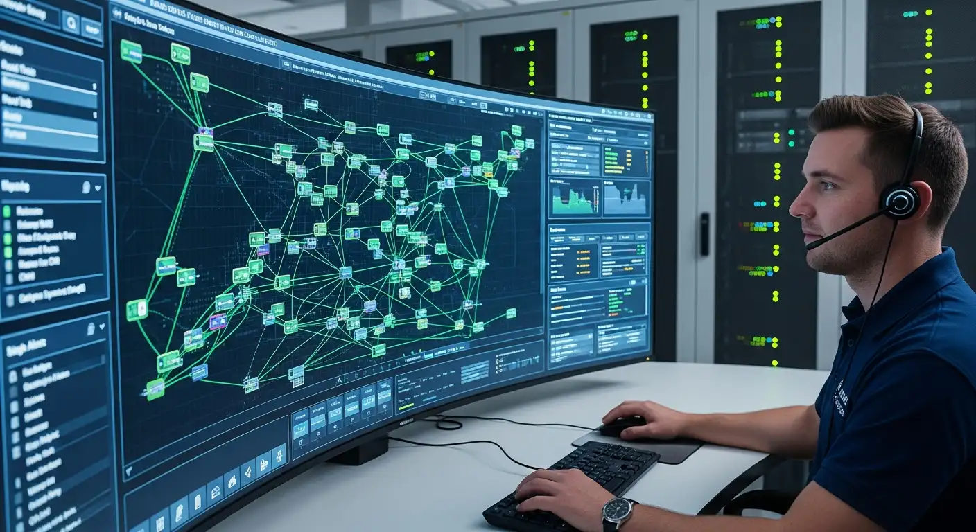 IT technician monitoring server infrastructure on dashboard — IT maintenance in Valais by Jump Online Sion