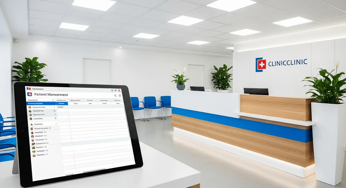 Réception de clinique avec tablette de gestion patients — IT santé en Valais par Jump Online Sion