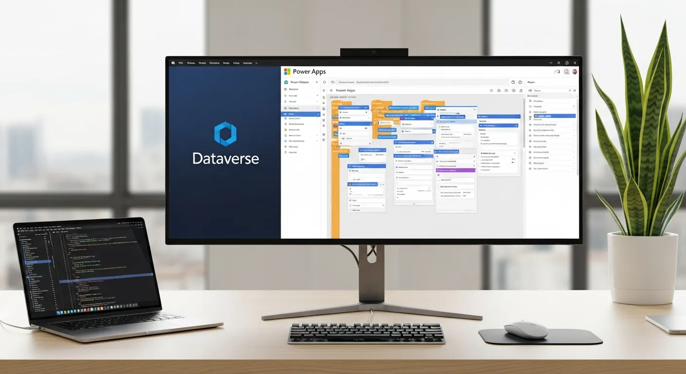 Interface de développement low-code Microsoft Power Apps sur écran — solutions Power Platform en Valais par Jump Online Sion