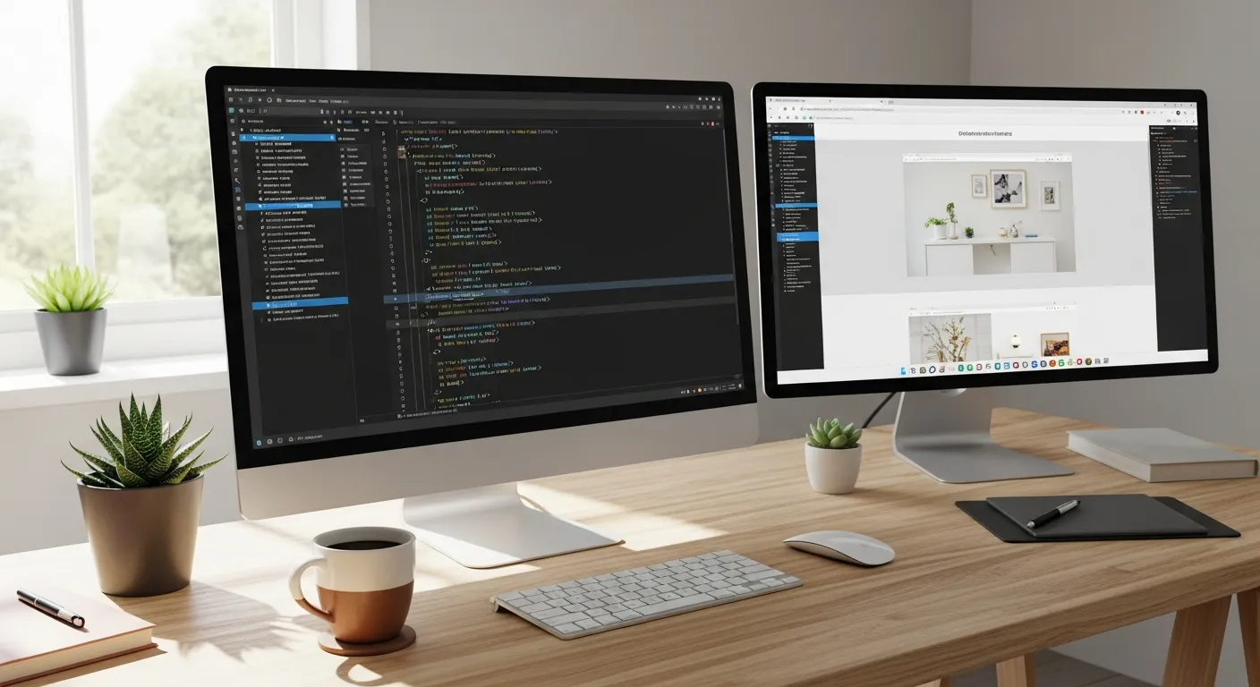 Web development workspace with code editor and site preview — web development in Valais by Jump Online Sion