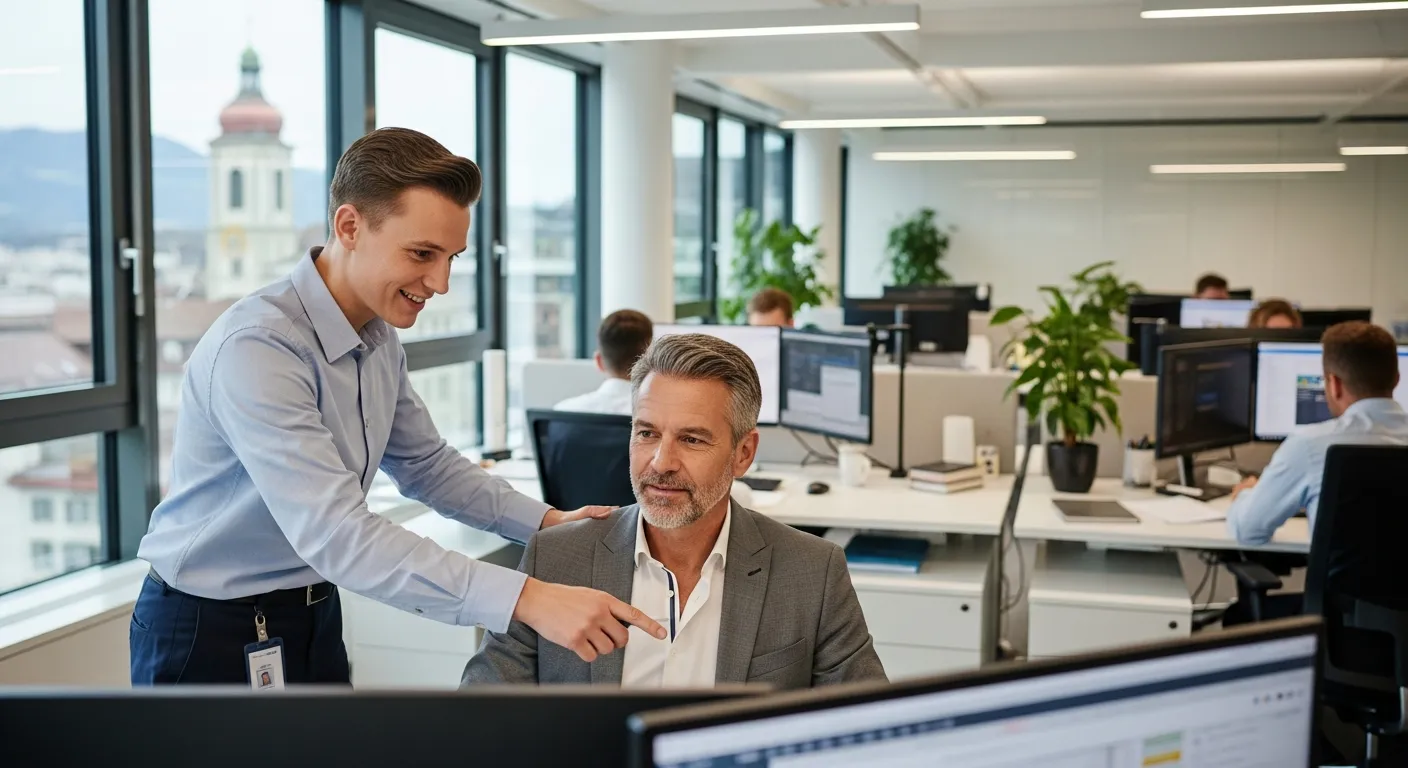 IT-Techniker hilft Mitarbeiter am Arbeitsplatz — IT-Support für KMU in Sion von Jump Online